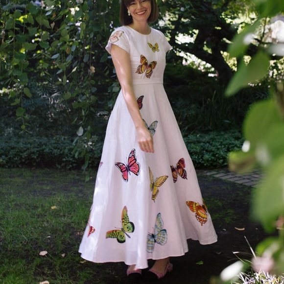 Fanm Mon Dresses & Skirts - Fanm Mon 100% Linen Pink Butterfly Embroidered Boho Cottagecore Maxi Dress Small